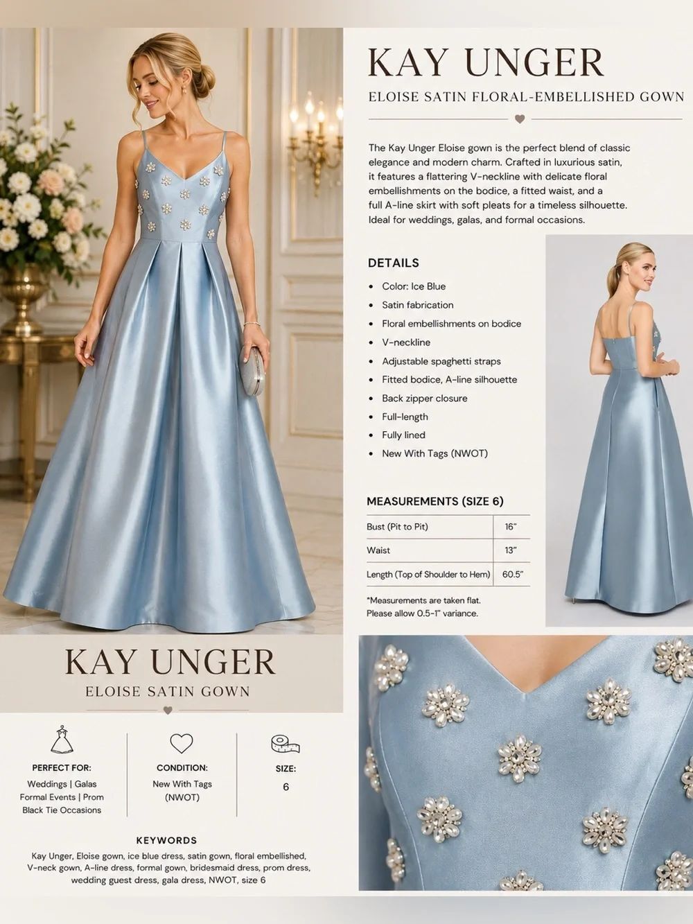 Kay Unger Eloise Ice Blue Floral Embellished Satin Gown Size 6 NWOT